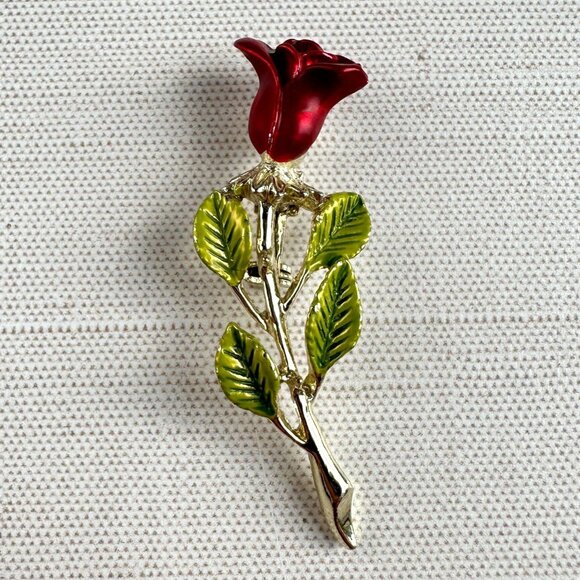 Red Rose Enamel Brooch Pin Gold Tone With Green Leaf Accents Vintage - Picture 2 of 10